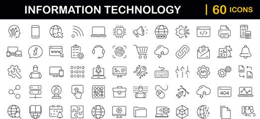 Information technology set of web icons in line style. IT icons for web and mobile app. Programming, network, website, technology progress, internet, devices, server, data. Vector illustration - obrazy, fototapety, plakaty