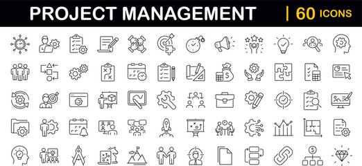 Project management set of web icons in line style. Business or organisation management icons for web and mobile app. Time management, planning, project, startup, marketing. Vector illustration