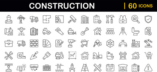 Construction set of web icons in line style. Building and construction icons for web and mobile app. Home repair, crane, building, tools, land, excavator, contractor, builders. Vector illustration - obrazy, fototapety, plakaty