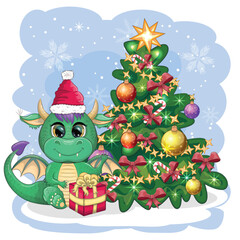 A cute cartoon green dragon in a Santa hat holds a red gift and sits next to the Christmas tree. 2024 new year