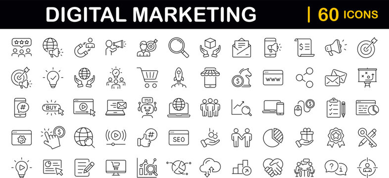 Digital marketing set of web icons in line style. Marketing icons for web and mobile app. Communication, advertising, ecommerce, seo, content, product, target audience, website, social media and more