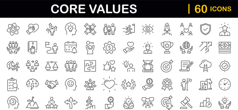 Core value set of web icons in line style. Core values icons for web and mobile app. Performance, innovation, goals, integrity, customer, commitment, quality, teamwork. Vector illustration