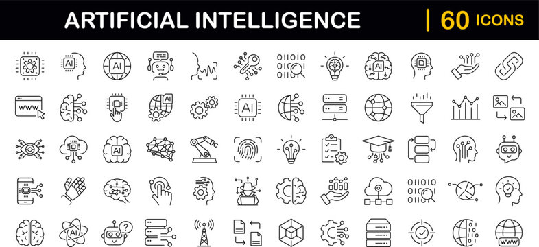 Artificial intelligence set of web icons in line style. AI technology icons for web and mobile app. Machine learning, digital AI technology, algorithm, smart robotic, cloud computing network