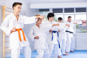 Fototapeta na wymiar Focused teenage boy with group of karate practitioners wearing white kimonos diligently performing kata routines to hone martial arts skills in training room