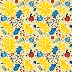 Christmas doodle seamless citrus and gloves and cup of tea and snowflakes pattern for wrapping paper and fabrics