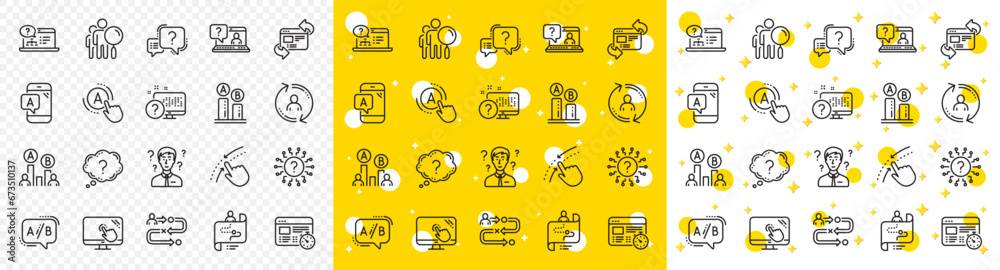 Poster set of ab testing, journey path map and question mark icons. ux line icons. usability quiz test, ux 