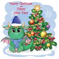 Naklejka premium A cute cartoon green dragon in a Santa hat holds a red gift and sits next to the Christmas tree. 2024 new year