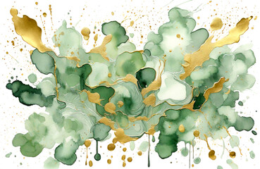 Sage green and gold watercolor paint splatter on white background. Generative ai