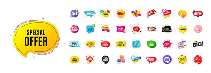 Discount offer banners set. Promo price deal stickers. Special offer sale 3d speech bubble. Promotion flash coupons. Mega discount deal banners. Sale chat speech bubble. Ad promo message. Vector