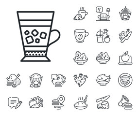 Cold drink sign. Crepe, sweet popcorn and salad outline icons. Frappe coffee icon. Beverage symbol. Frappe line sign. Pasta spaghetti, fresh juice icon. Supply chain. Vector