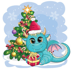 A cute cartoon green dragon in a Santa hat holds a red gift and sits next to the Christmas tree. 2024 new year