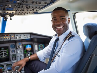 man  pilot in the cockpit  airplane - obrazy, fototapety, plakaty