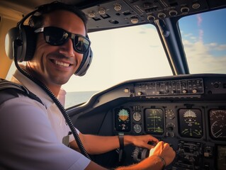 man  pilot in the cockpit  airplane - obrazy, fototapety, plakaty