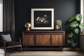 Retro, wooden cabinet and a painting in an empty living room interior with black walls. Side view