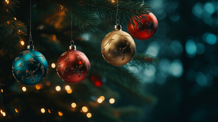 Elegant Christmas baubles hanging on a tree