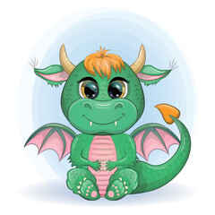 Cute cartoon green baby dragon with horns and wings. Symbol of 2024 according to the Chinese calendar. Funny mythical monster reptile