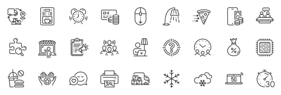 Icons pack as Snow weather, Cpu processor and Scroll down line icons for app include 5g notebook, Stand lamp, Headhunter outline thin icon web set. Favorite, Snowflake, Card pictogram. Vector