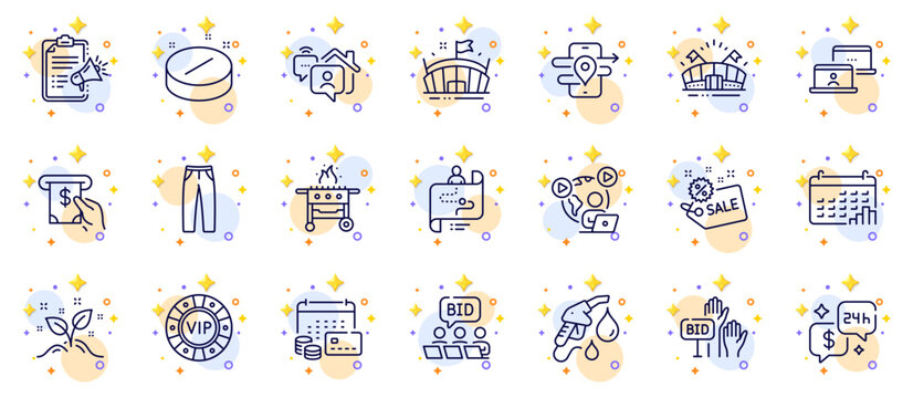 Outline set of Journey path, Vip chip and Money calendar line icons for web app. Include Online auction, Megaphone checklist, Atm service pictogram icons. Gps, Arena, Calendar graph signs. Vector