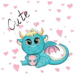 Cute cartoon green baby dragon with horns and wings. Symbol of 2024 according to the Chinese calendar. Funny mythical monster reptile
