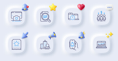 Phone photo, Web analytics and Time management line icons. Buttons with 3d bell, chat speech, cursor. Pack of Check article, Loyalty ticket, Inspect icon. Bell alert, Meeting pictogram. Vector