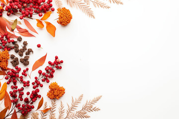 fall halloween thanksgiving concept.  festive autumn decor from pumpkins, berries and leaves on white background.  flat lay composition with copy space