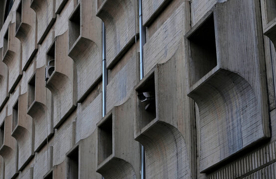 Detail of a brutalist building in Skopje, North Macedonia
