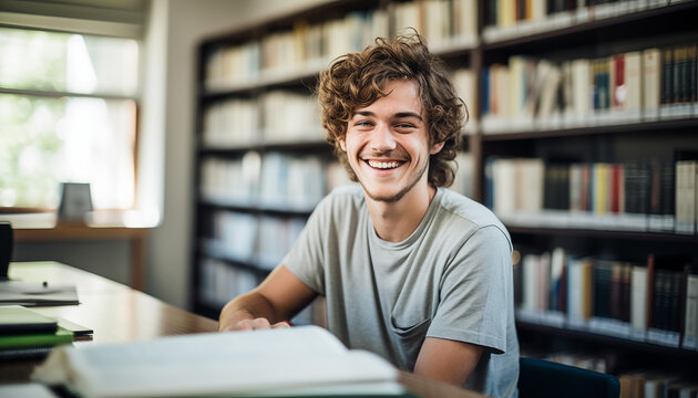 Smiling Young Man with Curly Hair Enjoying Learning in Library
