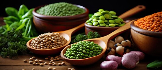 Different types of food components including beans legumes peas and lentils are displayed in wooden spoon and glass bowls - obrazy, fototapety, plakaty