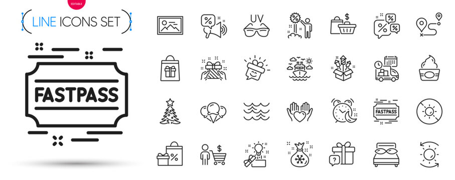 Pack of Discounts offer, Ice creams and Waves line icons. Include Sale bags, Discounts chat, Discount pictogram icons. Delivery, Ice cream, Sunglasses signs. No sun, Journey, Sun protection. Vector