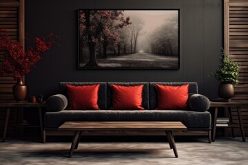Rustic Elegance: Black and Red Sofa in Living Room View