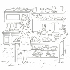 A woman cooking in the kitchen. Black and white coloring book illustration for children.