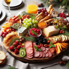 Christmas holiday round charcuterie board with breads, meats, cheeses, nuts, and fruits with sprigs of pine - obrazy, fototapety, plakaty
