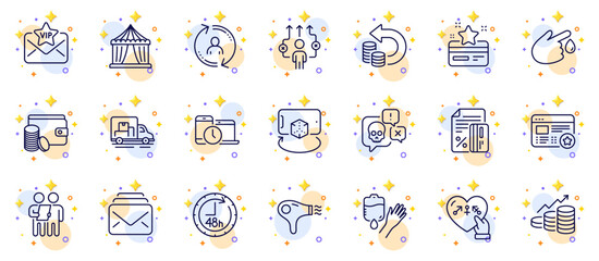 Outline set of Vip mail, Survey and User info line icons for web app. Include Business way, 48 hours, Blood donation pictogram icons. Truck transport, Growth chart, Augmented reality signs. Vector - obrazy, fototapety, plakaty
