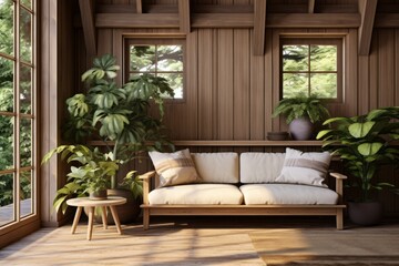 Dreamlike Naturaleza: Wooden Living Room with Sofa and Planter