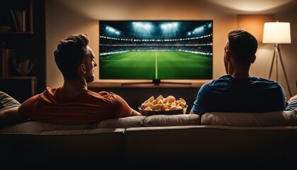 at home group of soccer fans on couch watch sport game on TV, online bet, celebrate when team wins championship. Friends cheer eat snacks, watch favorite football club play - obrazy, fototapety, plakaty