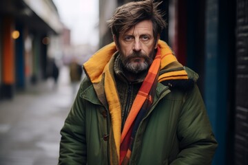 Portrait of a bearded man in a coat and scarf on the street