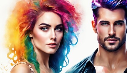 Obraz premium Close up portrait of couple in love looking each other. Handsome man and pretty woman. Watercolor art, paint drops, colorful melting human hair, intricate oil paint, abstract rainbow color background
