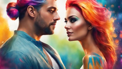 Obraz premium Close up portrait of couple in love looking each other. Handsome man and pretty woman. Watercolor art, paint drops, colorful melting human hair, intricate oil paint, abstract rainbow color background