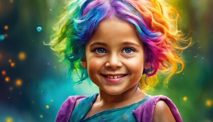 Fototapeta premium Beautiful happy baby child with colorful hairs and rainbow paint splashes on background. Watercolor art, paint drops, colorful melting hair, intricate and intense oil paint, abstract color background