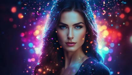 Mysterious beautiful young woman with rainbow colored powder and color explosion in the background. Close up portrait of perfect woman face, colorful light particles, color splashes bokeh background