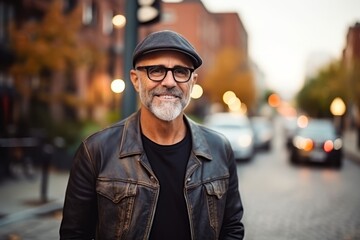 Portrait of a senior man wearing a cap and leather jacket in a city