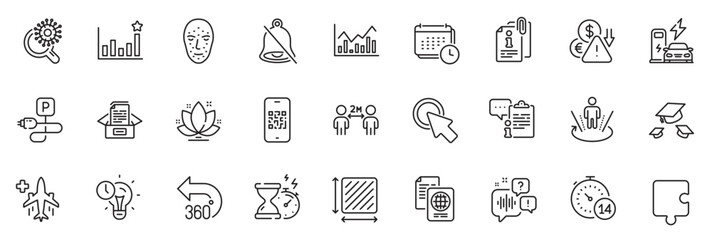 Icons pack as 360 degrees, Augmented reality and Quarantine line icons for app include Coronavirus research, Attached info, Calendar outline thin icon web set. Click here, Square area. Vector