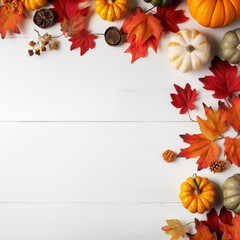 fall halloween thanksgiving concept.  festive autumn decor from pumpkins, berries and leaves on white wooden background.  flat lay composition with copy space