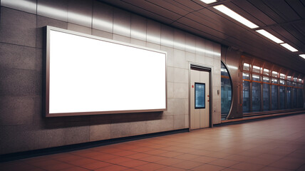 Empty metro, underground station advertising board with transparent mockup space, Blank billboard in subway station,