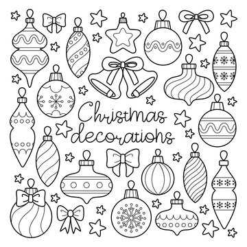 Outline set of Christmas and New Year decorations for holiday design of greeting cards, posters and other. Cartoon Xmas balls, bows knot. Vector black and white contour illustrations for coloring page