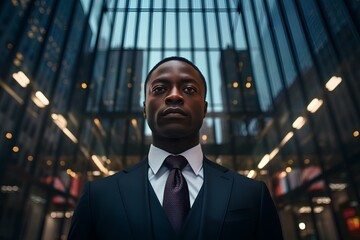 Fototapeta premium The face of a modern black businessman, framed by the city's skyscrapers, symbolizing empowerment and ambition. generative AI