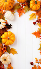 fall halloween thanksgiving concept.  festive autumn decor from pumpkins, berries and leaves on white wooden background.  flat lay composition with copy space