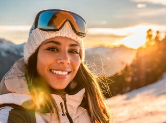 Young woman travelling on the mountains, winter outdoors adventure