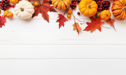 fall halloween thanksgiving concept.  festive autumn decor from pumpkins, berries and leaves on white wooden background.  flat lay composition with copy space