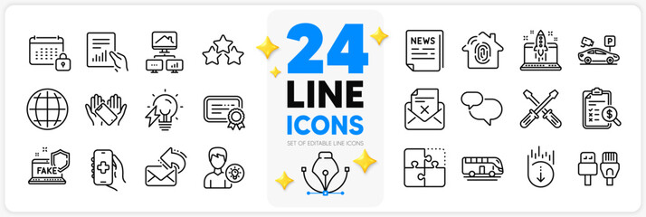 Icons set of Computer cables, Bus tour and Start business line icons pack for app with Accounting report, Work home, Health app thin outline icon. Reject letter, Person idea. Vector
